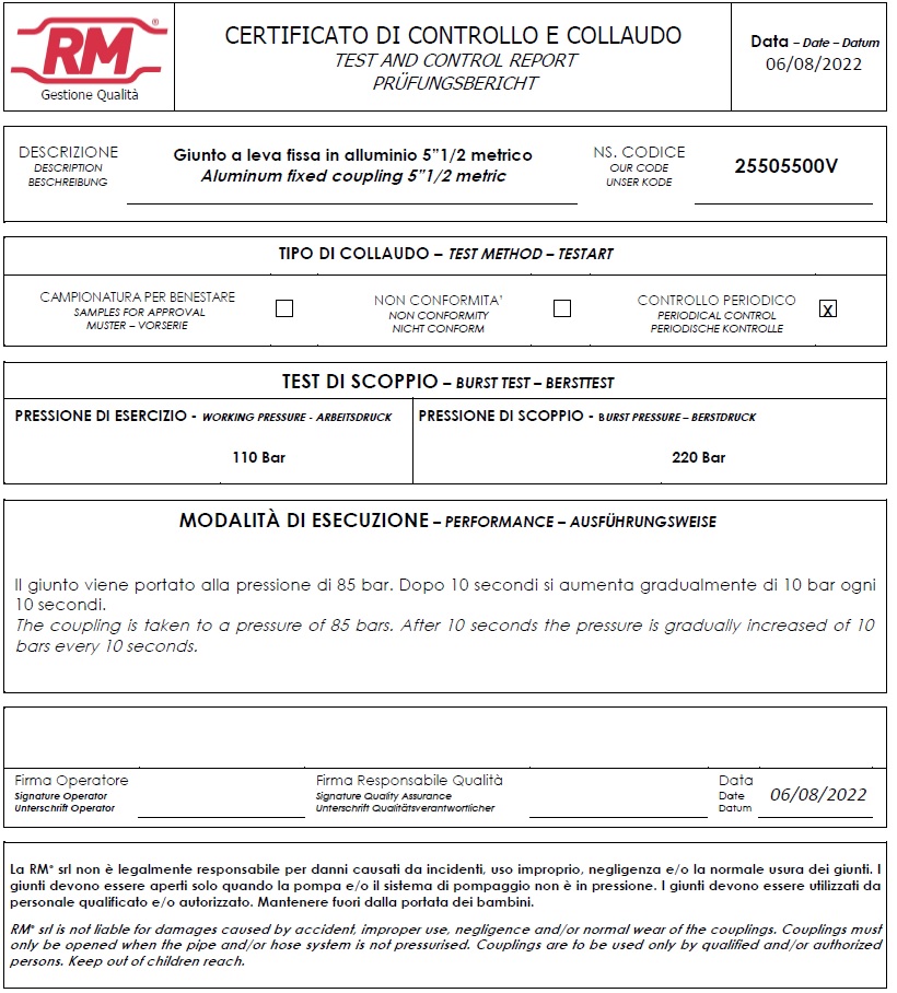 Certificato di Collaudo Giunti_pompe calcestruzzo